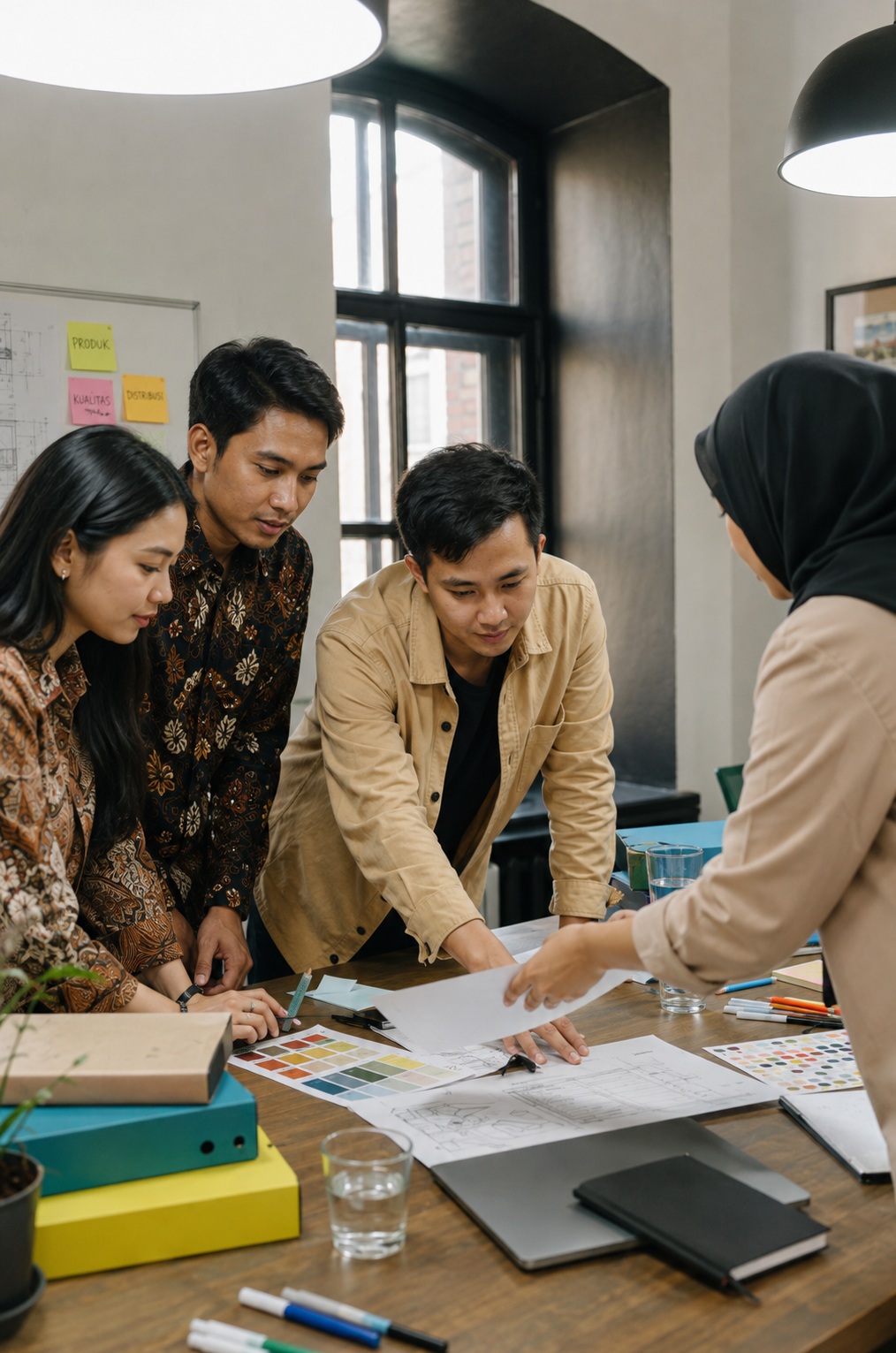 Team reviewing documents at a planning session